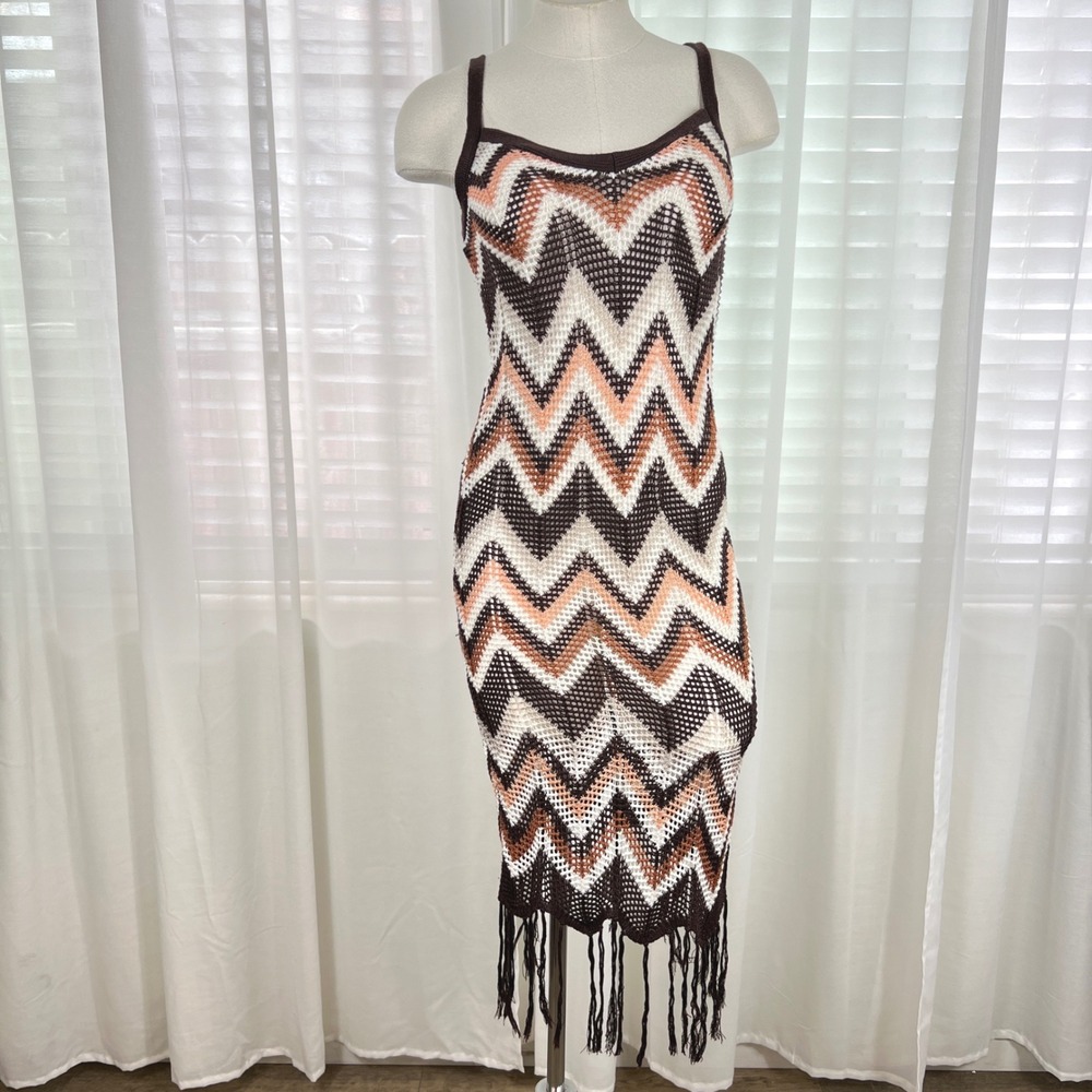 Almost‎ Famous Women Brown Crochet Fringe Midi Dress Small boho vacation resort